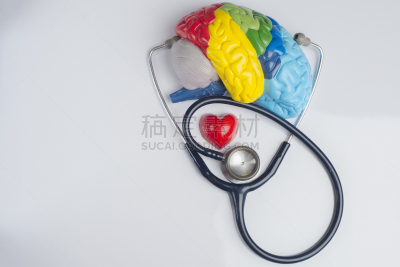脑部,听诊器,多色的,白色背景,平铺,人类心脏,留白,小脑,神经系统,水平画幅