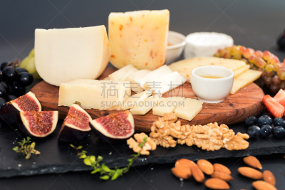 留白,水果,桌子,蜂蜜,奶酪,葡萄,选择对焦,水平画幅,无人,胡桃山