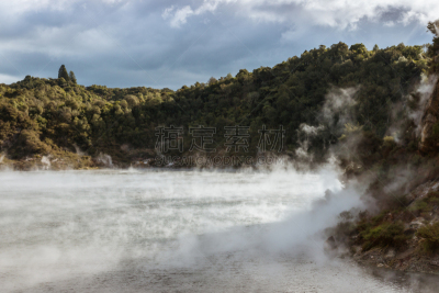 湖,新西兰,waimangu thermal park,煎锅,山谷,火山,天空,暴风雨,灰色,旅游目的地