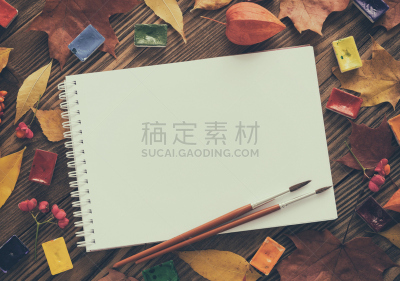 空白的,秋天,画笔,速写本,风景,白皮书,背景聚焦,叶子,水彩颜料,作画