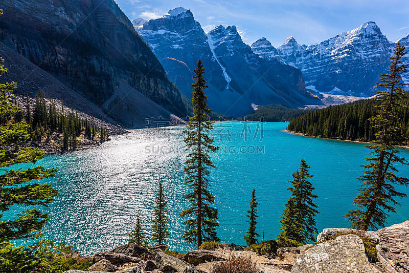 冰,水,太阳,深的,班夫,加拿大,湖,加拿大落基山脉,岩石,户外