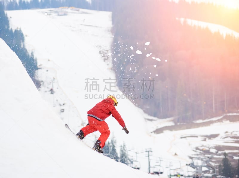 雪,男性,冬季运动,概念,雪板,在上面,滑雪板,滑雪雪橇,骑车,日落