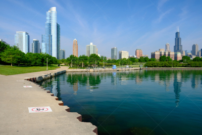 芝加哥市,城市天际线,水,天空,水平画幅,无人,早晨,夏天,户外,湖