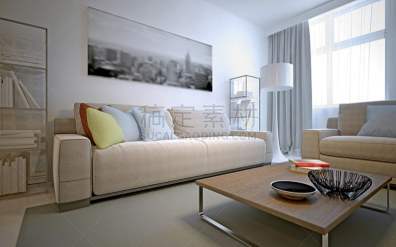 室内,起居室,白色,清新,薄纱网,桌子,水平画幅,无人,架子,地毯