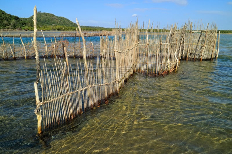 传统,捕鱼篓,科汐湾,水,天空,水平画幅,无人,户外,湖,热带气候