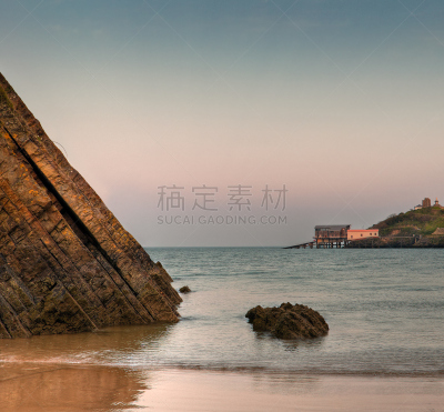 威尔士,滕比,水,旅游目的地,水平画幅,岩石,无人,海港,日落