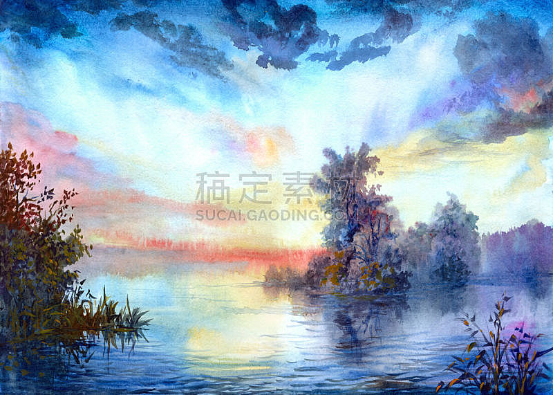 早晨,河流,水彩画颜料,湖,云,春天,风景,树