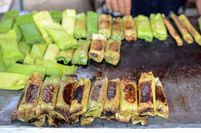 格子烤肉,香蕉叶,塞满了的,印度香米,热,有序,部分,米,东方食品,椰子