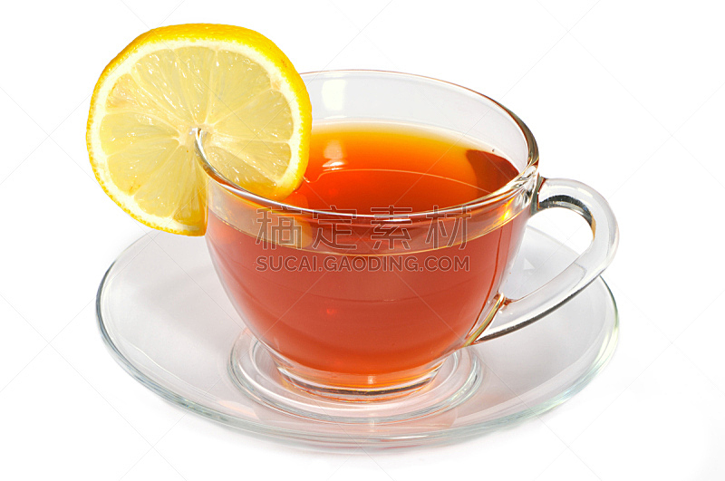 柠檬,茶杯,白色背景,褐色,芳香的,水平画幅,酸味,茶碟,玻璃,玻璃杯