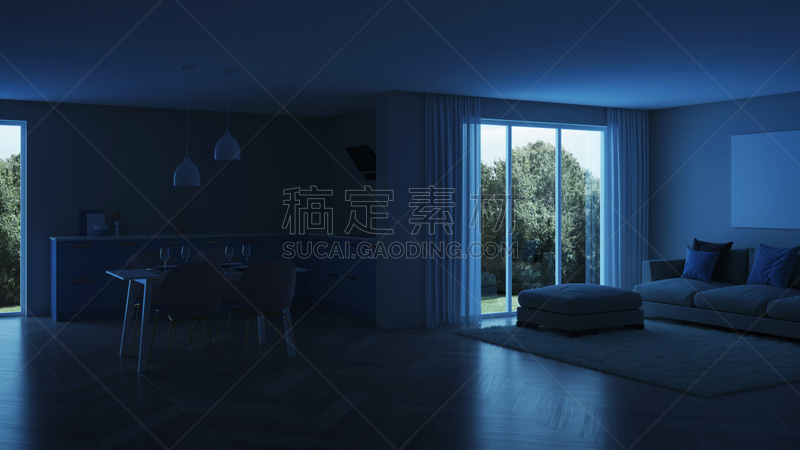 现代,三维图形,厨房,房屋,室内,蓝色,夜晚,抽油烟机,窗帘,舒服