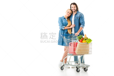 购物车,幸福,充满的,白色,注视镜头,分离着色,蔬菜,粗斜纹棉布,金色头发,美人