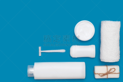 平铺,商品,白色,卫生,身体保养,梳妆用品,皮肤,蓝色背景,留白