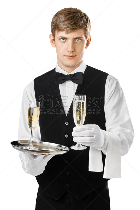男招待,青年人,餐盘,香槟,上菜,管家,调酒师,垂直画幅,美,美人