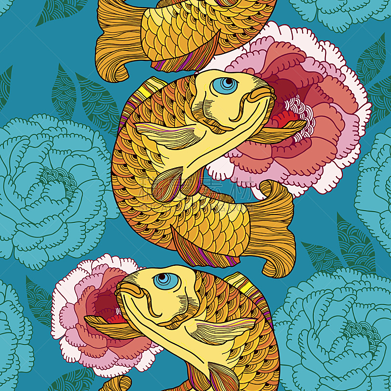 Seamless pattern with carp koi in gold and pink chrysanthemum