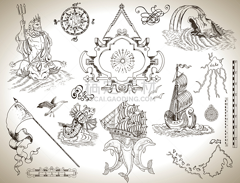 过时的,符号,海洋,军用船,秘密,华丽的,边框,复古风格,古董