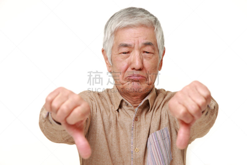 大拇指朝下,日本人,做手势,老年人,男人,强迫性的,半身像,水平画幅,仅男人,仅成年人
