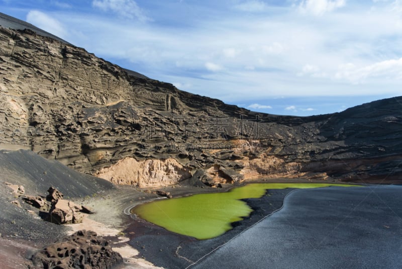 绿色,泻湖,timanfaya national park,兰萨罗特岛,水平画幅,无人,火山地形,大西洋群岛,户外,海滩