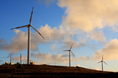 风轮机,波尔图桑托岛,马德拉,天空,风,水平画幅,风力,能源,蓝色,欧洲