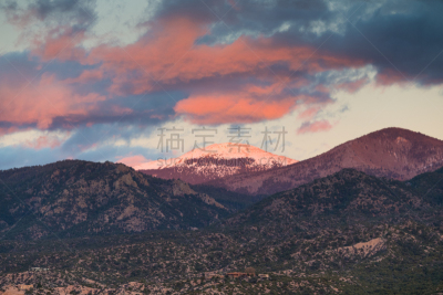 新墨西哥,雪山,紫色,戏剧性的天空,自然美,云景,橙色,圣达菲,日落,靠近