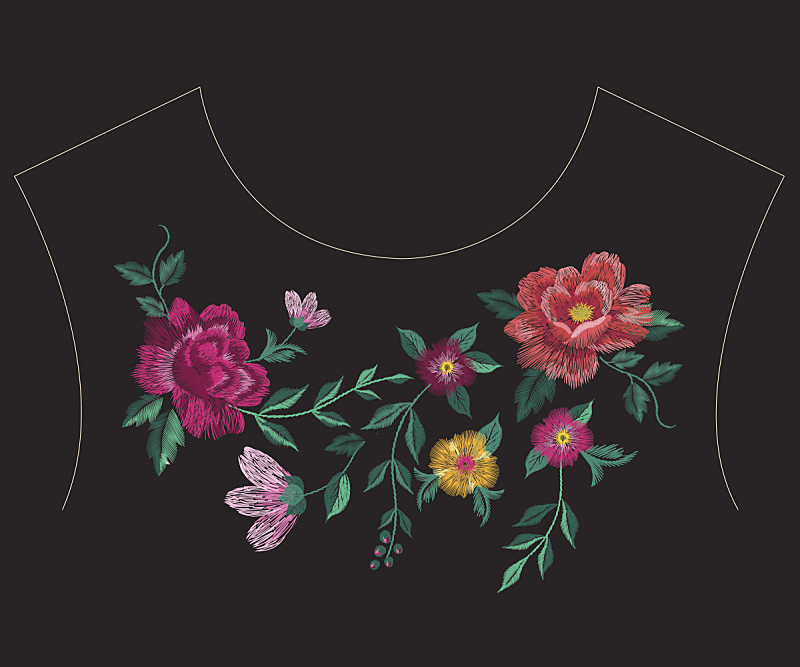刺绣,玫瑰,成一排,花纹,颈,多色的,巨大的,风铃草属,纹理效果,纺织品