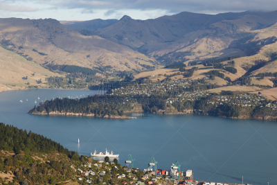 山,akaroa,海港,看风景,高处,水,天空,水平画幅,无人
