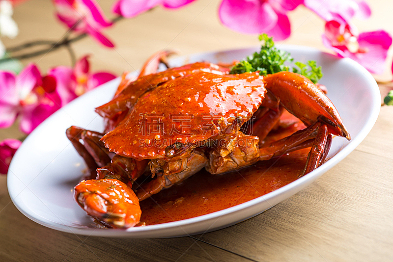 螃蟹,香料,新加坡,炸制食物,辣椒,水平画幅,无人,洋葱,黄油,海产