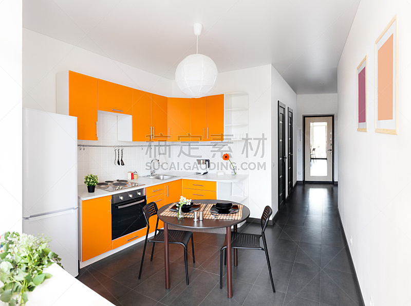 橙色,极简构图,厨房,新的,水平画幅,无人,椅子,家庭生活,家具,干净