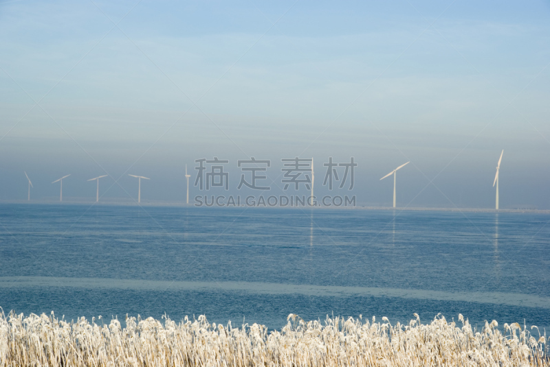 荷兰,冬天,地形,风轮机,水,天空,留白,风,水平画幅,风力