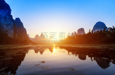 中国,阳朔,桂林,水平画幅,山,无人,早晨,户外,河流,自然