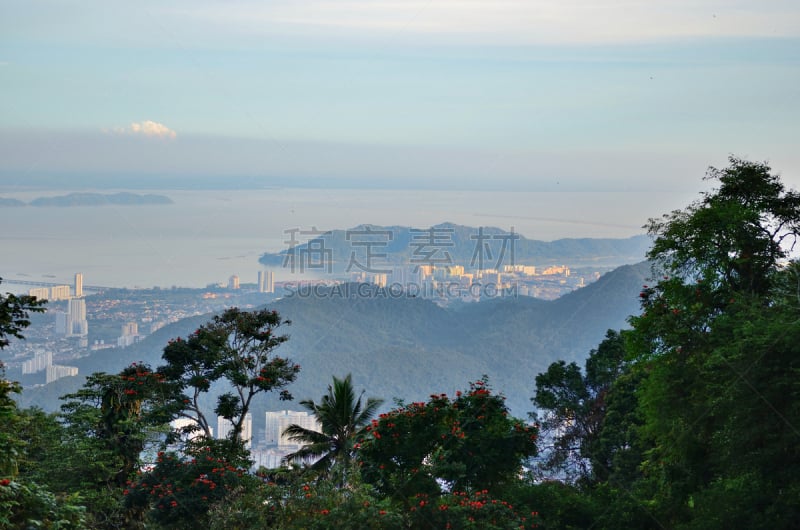 乔治敦,全景,城市之夏,槟榔屿州,水平画幅,高视角,山,林区,无人,曙暮光