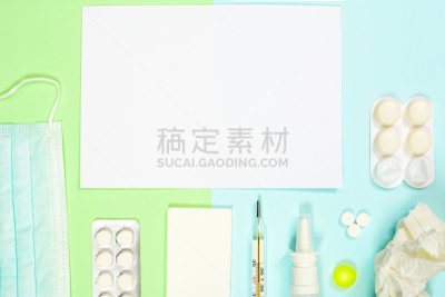 药,手帕,温度计,概念,蓝色背景,绿色,白色,留白,感冒