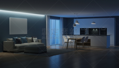 现代,三维图形,房屋,室内,夜晚,抽油烟机,窗帘,舒服,地板,炊具