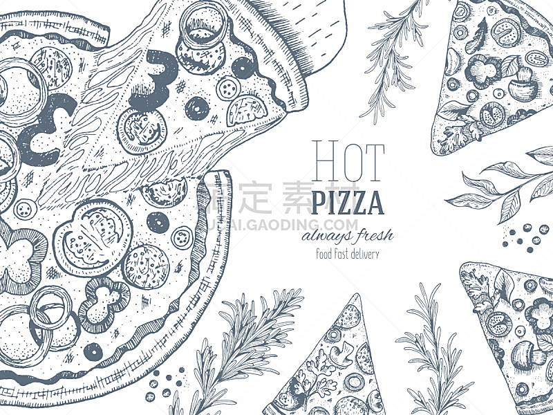 比萨饼,绘画插图,矢量,边框,披萨店,菜单,清新,食品,复古风格,成分