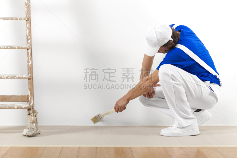 画笔,白色,男人,墙,白涂料,油漆工,新的,t恤,古老的,古典式
