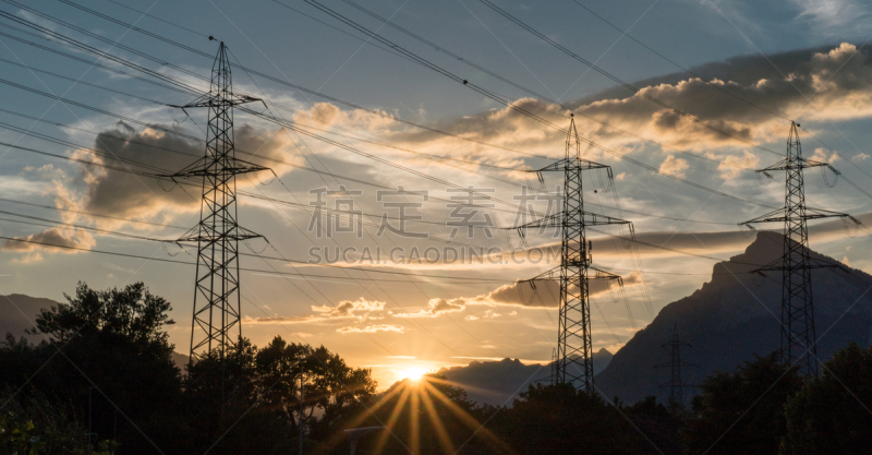 山,桅,电力线,地形,电缆,天空,萨尔甘斯,水平画幅,云,能源