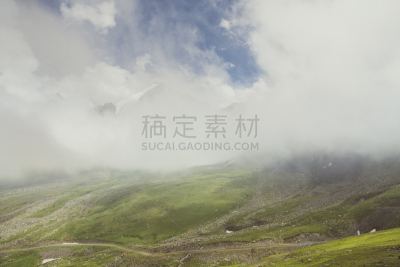 雾,山,路,绿色,天空,枝繁叶茂,雪,早晨,旅行者,夏天