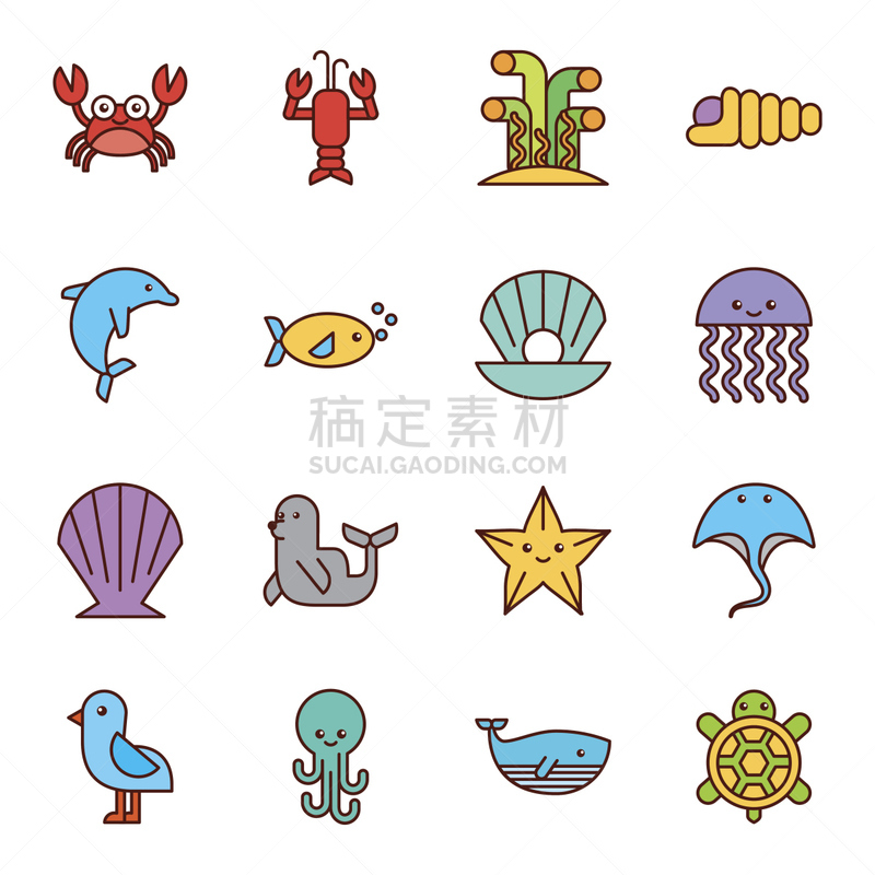 符号,平坦的,海洋生命,水母,鲸,螃蟹,水族馆,布置,绘制,画画