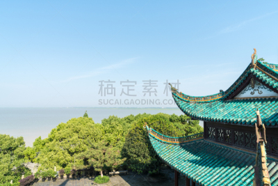 洞庭湖,地形,岳阳,湖南省,屋檐,亭台楼阁,天空,水平画幅,高视角,无人