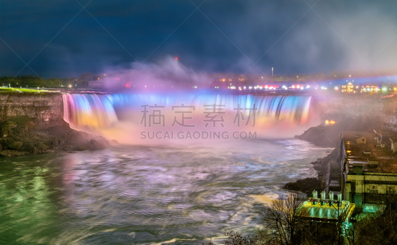 尼亚加拉瀑布,马蹄铁瀑布,接力赛,尼亚加拉河,湖畔市,安大略省,河岸,水,新的,夜晚