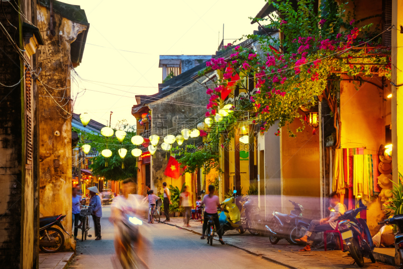会安,越南,街道,越南人,小型摩托车,夜市,街市,混沌,近景,水平画幅