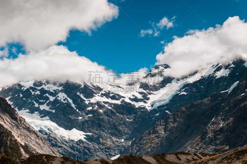 库克山,新西兰,新西兰南岛,冰河峰荒野地,特写,水,天空,水平画幅,雪,户外