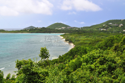 圣汤姆斯,美属维尔京群岛,水,天空,水平画幅,高视角,山,无人,夏天,植物