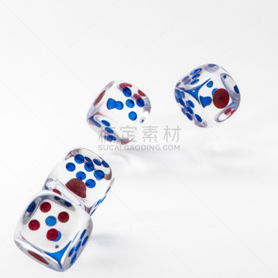 骰子,四个物体,透明,蓝色,斑点,白色背景,方形画幅,机会,红色,白色