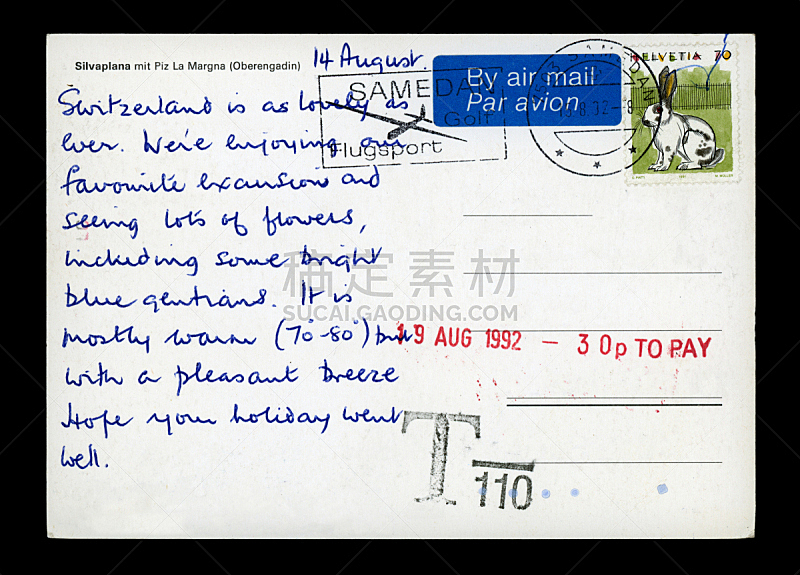 1992,瑞士,明信片,航空邮件,20世纪风格,1990年-1999年,超小号,邮戳,背景分离,状态描述