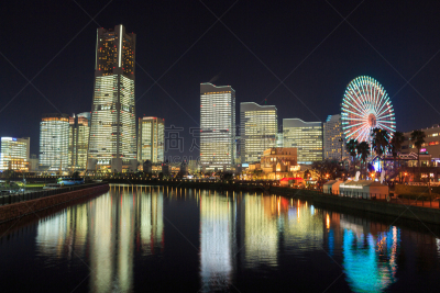 横滨,日本,居住区,室内过夜,天空,美,水平画幅,夜晚,无人,海港