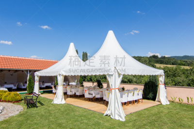 结婚宴会,大帐篷,帐篷,白色,草坪,高雅,长椅,图像,婚礼,灌木