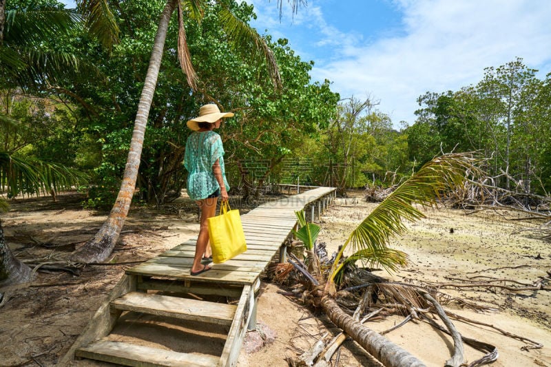 旅行者,海滩,女人,塞舌尔,岛,圣马洛,母鹿,小路,海岸地形,水