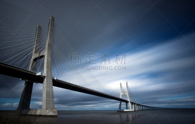 蓝色,瓦斯科·达·伽马大桥,长时间曝光,水平画幅,无人,2015年,云,河流,户外,云景