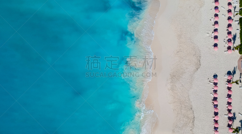 普罗维登西亚莱斯岛,格雷斯海湾,伞,无人机,海滩,红色,风景,凯科斯群岛,特克斯和凯科斯群岛,加勒比海地区