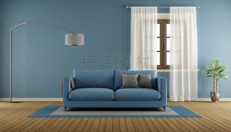 住宅房间,木制,蓝色,起居室,落地灯,地毯,窗帘,硬木地板,水平画幅,墙